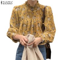 ZANZEA Women Puff Sleeve Stand Collar Elegant Printing Pleated Blouse