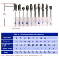 10ชิ้น/กล่องมีดตัดหมุนอุปกรณ์โรงสีไฟฟ้าโรตารี่ตะไบทังสเตนคาร์ไบด์เหล็กโรตารีชุดบิต3มม. ก้าน6มม. หัวตัด