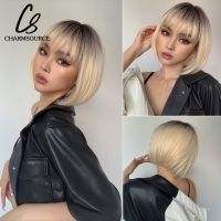 ▲✷✒ Bob Synthetic Wigs Ombre Brown to Blonde Straight Short Hair with Bangs for Women Daily Party Cosplay Use Heat Resistant Fibre