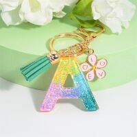 Rainbow Flower Letter Keychain English Alphabet Keyring Glitter Gradient Resin Tassel Car Mirror Accessory Women Handbag Charms