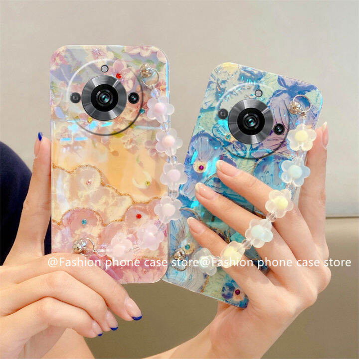 phone-case-เคส-realme11-pro-realme-11-pro-plus-5g-วินเทจเคสโทรศัพท์ภาพดอกไม้บลูเรย์เพ้นท์น้ำมัน-rhinestone-ปลอกนิ่มพร้อมสร้อยข้อมือ2023