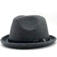 Simple Mens Felt Fedora Hat For Gentleman Winter Autumn Church Roll Up Brim Homburg Dad Jazz Hat