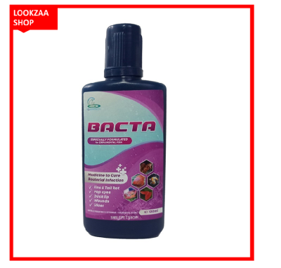 BACTA 100 Ml. รักษาอาการติดเชื้อแบคทีเรีย ในปลาสวยงาม ปากบวม ตาโปน ครีบกร่อน ติดเชื้อ กักโรคปลา ,