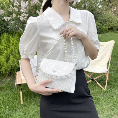 New Sweet Style Lace Crossbody Small Bag 2022 Korean Style Fashionable Small Fresh Popular Pearl Chain Shoulder Bag
