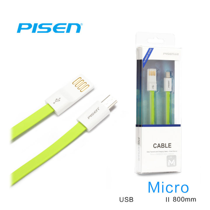 pisen-สายชาร์จ-micro-usb-noodle-data-transmit-and-charging-cable-ยาว-800-mm-อุปกรณ์สำหรับรีชาร์จและซิงค์เพื่อโอนถ่ายข้อมูลแบบ-2-in-1-usb-2-0-แรงดันสูง-สีเขียว
