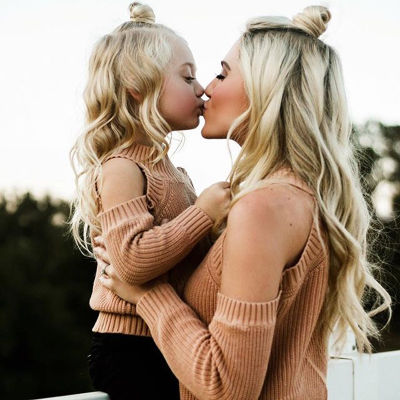 2022 Family Matching Mother and Daughter Clothes Outfits Mom Daughter Dress Sweater Off Shoulder Long Sleeve Kintwear Outfits
