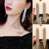 แฟชั่นยาวพู่วางต่างหูสำหรับผู้หญิงสีเงิน Rhinestone คริสตัลแขวนห้อยต่างหูเจ้าสาวเครื่องประดับจัดงานแต่งงาน