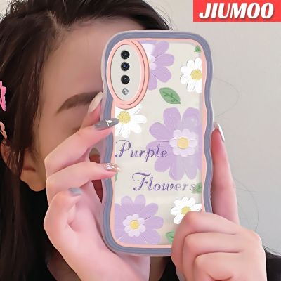 JIUMOO เคสปลอกสำหรับ Samsung กาแล็คซี่ A30s A50s ดอกไม้สีม่วงแฟชั่นลายการ์ตูนสร้างสรรค์ลายคลื่นขอบซิลิโคนกล่องกันกระแทกป้องกันเลนส์กล้องเคสนิ่มโปร่งใส