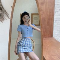 COD ۩☁ The Neonatal Shop34uilk9iy Fashion short skirt women suit超美ins时尚短裙女套装夏季韩版高腰格子裙 短袖针织薄开衫上衣两件套zexi 1.my