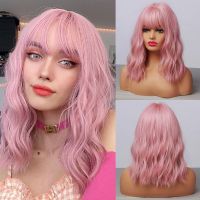 Amazon cos European and American hot sale Qi bangs cute cherry pink short curly Bob head natural lady chemical fiber wig toys