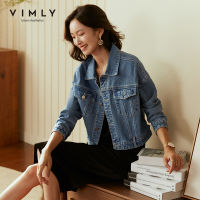 Vimly Autumn Denim Jacket For Women Fashion Turn-down Collar Single Breasted Solid Short Jackets Veste Femme 70222