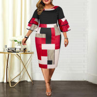 Plus Size Dresses Elegant Geometric Print Womens Wedding Party Dresses 2021 New Layered Bell Sleeve Evening Prom Dress 4XL 5XL