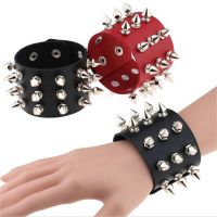 【hot】☍  1pc Punk Men Studded Leather Gothic Rivet Wristband Wide Cuff With Metal Spikes