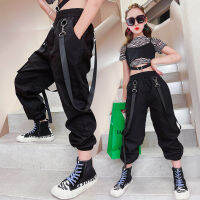 Black Cargo Pants for Teenage Girls New Fashion Summer Streetwear Hip Hop Sweat Pants With Chain for Girls 6 8 10 12 14 Year Old