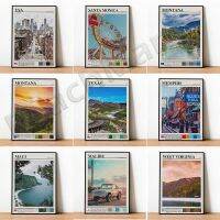 Malibu California, Maine, Maui, Memphis Tennessee, Montana, New Mexico, Texas, West Virginia, Santa Monica, USA Travel Poster งานศิลปะการเดินทางอเมริกันยอดนิยม
