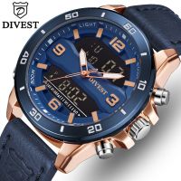 DIVEST Mens นาฬิกาแบรนด์หรูผู้ชายแฟชั่น LED Dual Display นาฬิกาควอตซ์ดิจิตอลผู้ชายสายหนังลำลองกันน้ำกีฬานาฬิกาทหาร