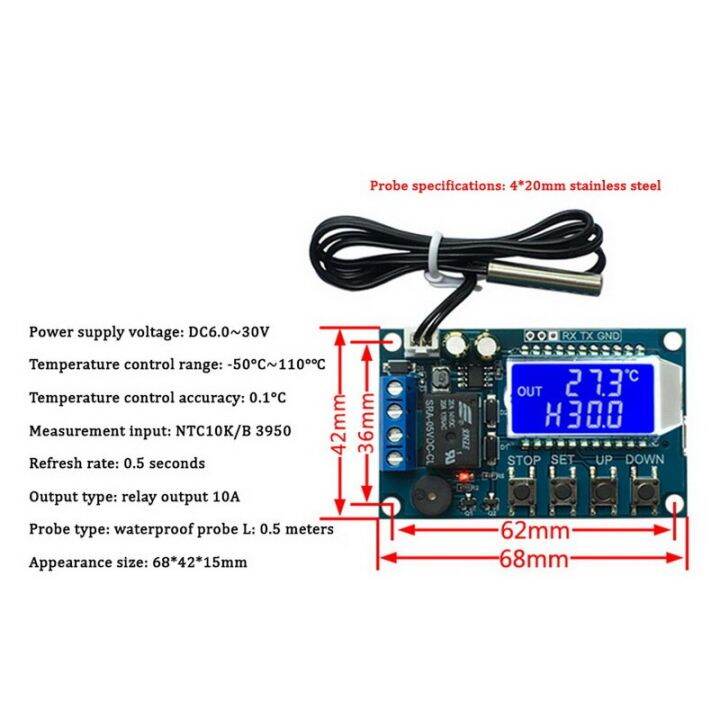 thriving-ตัวควบคุมอุณหภูมิจอแอลซีดีแสดงผลที่ควบคุมอุณหภูมิ-dc-6-0-30v-พร้อมโพรบกันน้ำ68-42-15มม