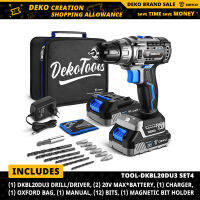 DEKO 20V เครื่องเจาะ42N.M ไขควงไฟฟ้า,การตั้งค่าแรงบิด18 + 1,2ความเร็ว,3/8 "Keyless Chuck เครื่องมือ (DKBL20DU3)