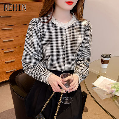 REHIN Women S Top Retro Round Neck Lace Plaid Long Sleeve Shirt Ruffle Elegant Blouse