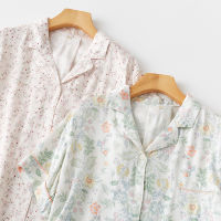 Short-Sleeved Viscose Floral Printed Cardigan Shirt Nightdress with Button Floral Printed Loose Sleepwear Women Sleep Dress