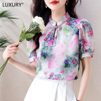 LUXURY Queen 2023 New Korean Style Slim Standing Neck Printed Bow Tie Pullover Short Sleeve Chiffon Blouse Womens Summer