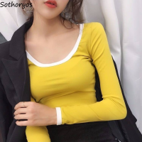 Square Collar T-shirts Women Patchwork Skinny Basic Underwear Long Sleeve Tops Sexy Females Tees All-match High Quality Popular