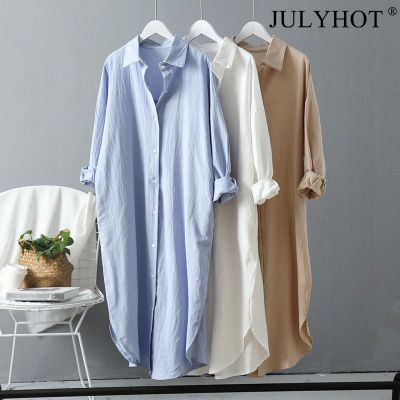 JULYHOT 8สีเสื้อผู้หญิงลำลองมีกระเป๋า,เสื้อลินินผ้าฝ้ายโอเวอร์ไซส์สไตล์เกาหลีเสื้อแขนยาว