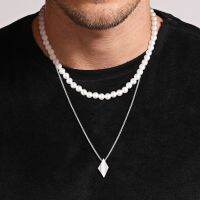 Vnox Stacked Necklaces for Men 45cm Simulated Pearl Beads Chain Rhombic Geometric Pendant with 60cm Box Chain Layering Collar