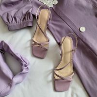 Summer fairy one word with purple air thick with square one word with female fashion sandals heels