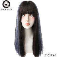 7JHH WIGS Highlighted Blonde Black Yaki Long Straight Hair With Bangs Synthetic Wigs For Girls Latest Fashion Hairstyles