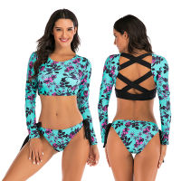 Two Piece Rashguard Women Long Sleeve Swimwear Floral Print Surf Wear Plus Size Tankini Swimsuit Shorts Diving Shirt Rash Guards