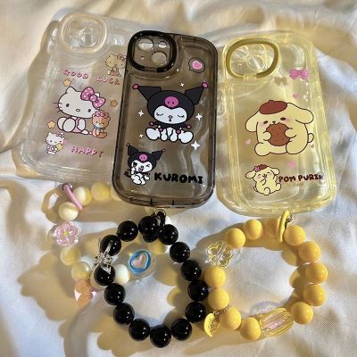 [Yellow peach flavor]Kuromi สร้อยข้อมือโทรศัพท์ลายการ์ตูน Sanrio Hello Kitty เคสสำหรับไอโฟน14 13 12 11 Pro Max TPU นุ่มกันกระแทก Y2k เด็กผู้หญิง