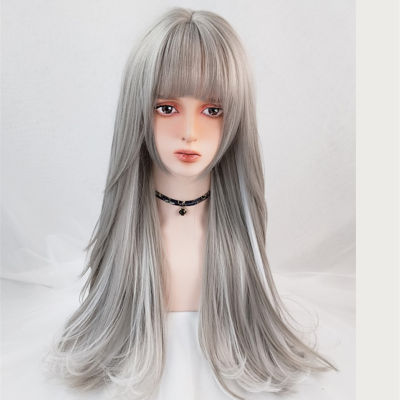 VICWIG Synthetic Wig Lady Long Gray Highlighting Straight Wig With Bangs For Women Heat-resistant Rose Net