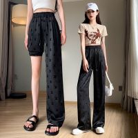 Printing wide-legged female summer thin section 2023 new tall waist straight the drape acetate satin black leisure trousers