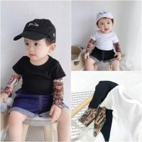 【Ready】? Boys T-shirt baby clothes flower arm tattoo long-sleeved childrens tops newborn summer trendy fake two-piece outwear