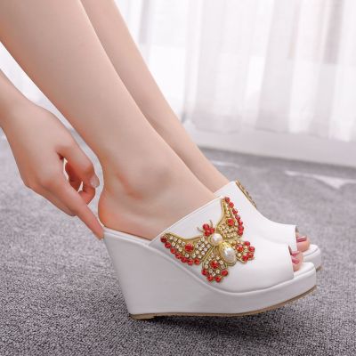 Diamond bow fish mouth wedges big yards cool slippers waterproof new Roman sandals