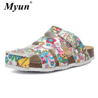 Size 35-45 Mens Womens Leather Print Slippers Summer Cork Buckle Flip Flops Uni Couple Beach Casual Slides Platform Clogs