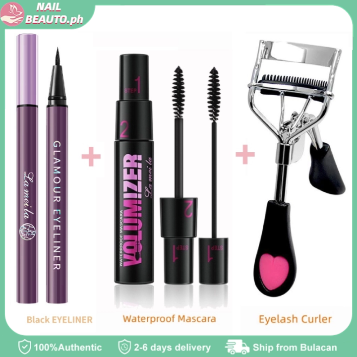 3pcs EYE Makeup Set 2 In 1 Waterproof Mascara Eyelash Curler Black