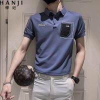 Kaus Polo Biru ผ้าเดนิมแขนสั้นสำหรับผู้ชาย,เสื้ออเนกประสงค์ลำลองมีปกแฟชั่นใหม่ฤดูร้อน2023