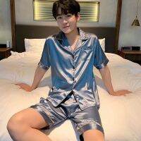 Ready❤ Ice silk pajamas mens short-sleeved simple ins high-end sense couple two-piece suit plus fertilizer to increase summer season home clothes