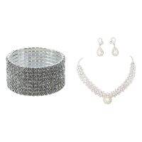 1 Pcs Wedding Bridal Stretchy 8 Row Rhinestone Bracelet &amp; 1 Pcs Bridal Wedding Necklace Earrings