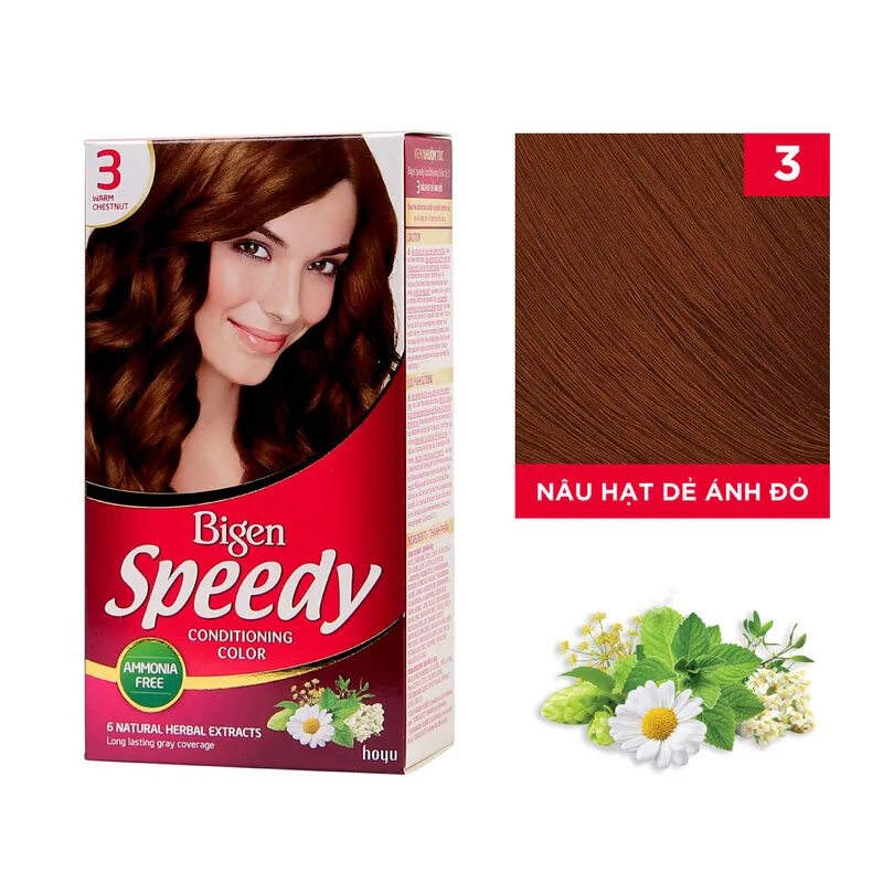 Thuốc nhuộm tóc Bigen Speedy số 3, màu nâu hạt dẻ ánh đỏ là một lựa chọn hoàn hảo để làm mới kiểu tóc của bạn. Sản phẩm này có độ bền màu tốt và không chứa hóa chất độc hại, giúp bảo vệ tóc khỏi những tác động xấu từ môi trường. Hãy nhấn vào hình ảnh để làm mới kiểu tóc của bạn với Bigen Speedy.
