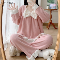 Pajama Sets Women Autumn Winter Thickening Ulzzang Sweetie College Ladies Patchwork Bows Cozy Lounge Tender Sleepwear Casual New