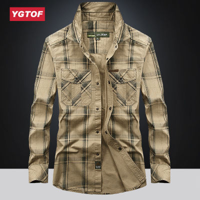 YGTOF เดินป่าเสื้อแขนยาวเสื้อเชิ้ตแขนยาวผ้าฝ้ายเสื้อคาร์โกของผู้ชาย,5XL ขนาดพิเศษเสื้อเชิ้ตลายทหารตั้งแคมป์