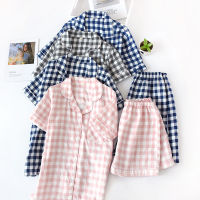 Summer Ladies Cotton Pajamas Women Gauze Plaid Thin Couple Home Clothes Short Sleeve Shorts Suit Female Sleepwear Two Piece Set