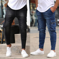 G-GOURD Jeans Men Slim Fit Cargo Pants Men Casual Multi pockets Jeans Zipper Decoration Skinny Elastic Little Feet Jogger Biker Jean Long Denim Trousers Black Blue