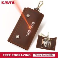 KAVIS Engraving Genuine Leather Keychain Small Men Mini Key Holder Organizer Pouch Cow Split Car Key Wallet Housekeeper Key Case