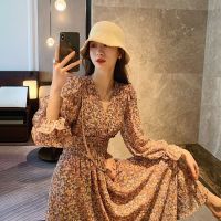 The spot，Small Daisy long sleeve chiffon floral dress ice cool not hot women Korean version of the waist show slim skirt，High quality