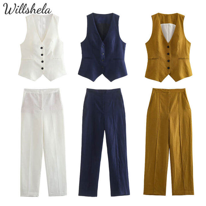 Willshela Women Fashion Plain Linen 2 Piece Sets VNeck Tops Vest And