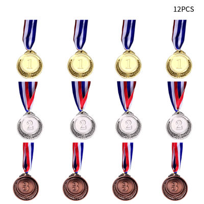 12pcs Game Gifts With Neck Ribbon Sports Day Photo Props Gold Silver Bronze Party For Competitions Spelling Bees Zinc Alloy Medal